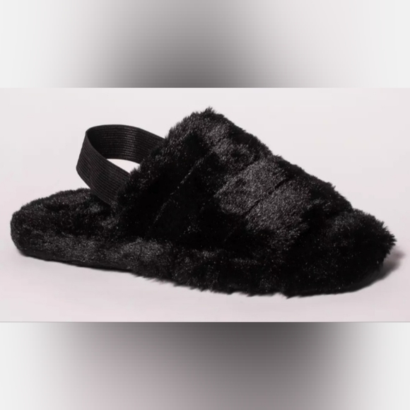 NWOT Ladies Slippers Faux Fur Fluffy Sliders Elastic Slingback Open Toe Slip On - Picture 1 of 6